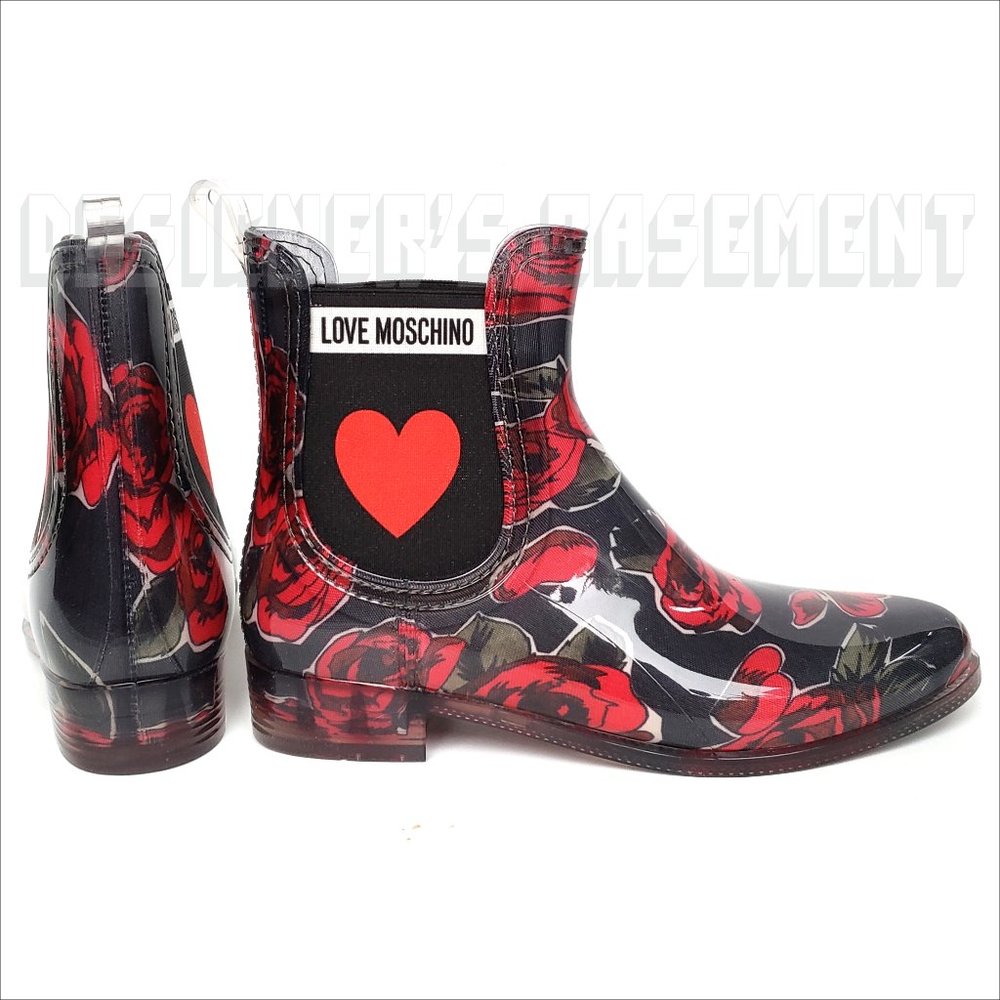 LOVE MOSCHINO rubber 40 - 9US black red ROSES & logo HEART ankle Rain Boots NIB - Picture 6 of 6